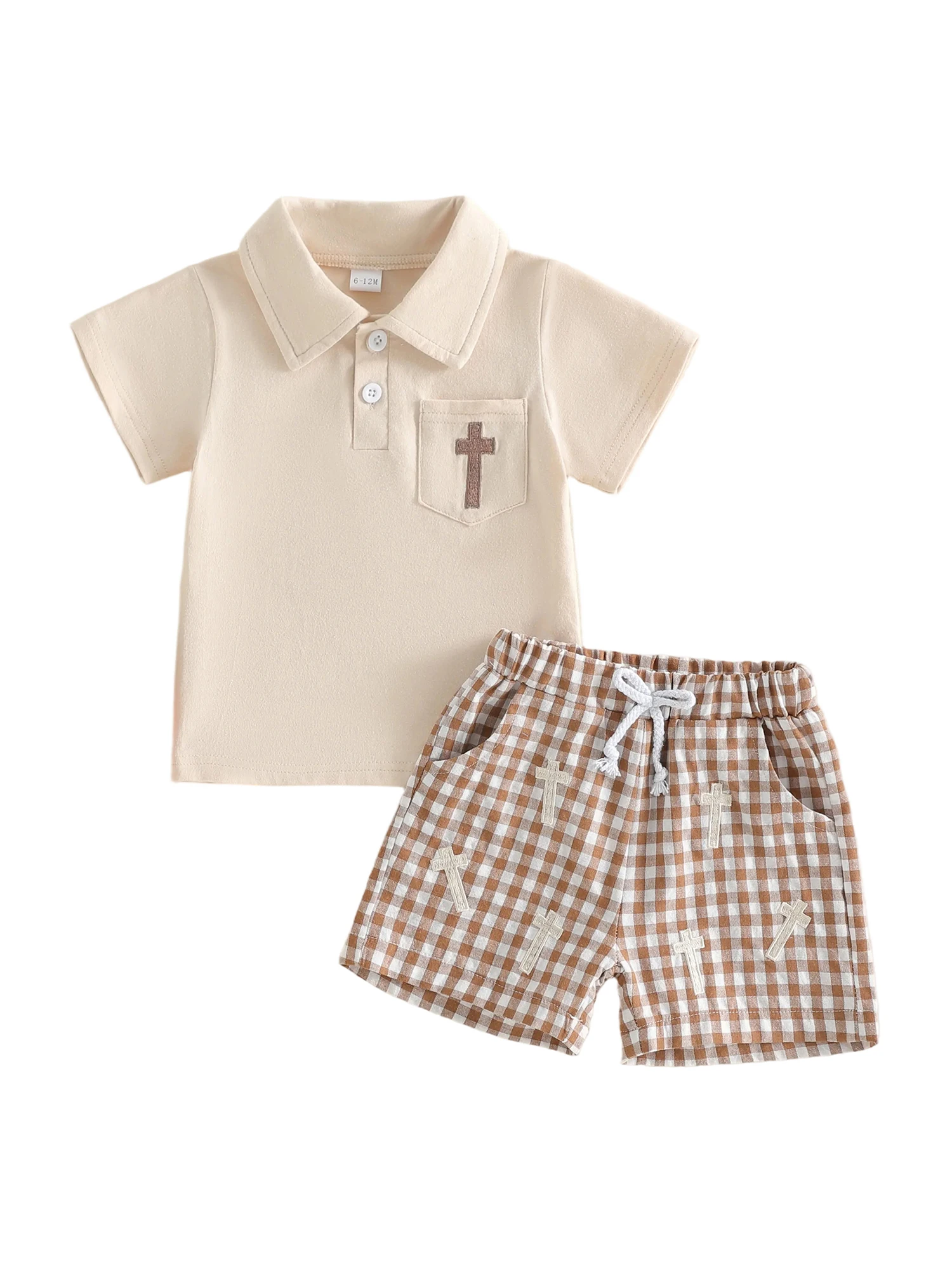 

Cute Easter Children s 2 Piece Set with Embroidered Cross Short Sleeve Shirt and Plaid Shorts - Perfect for Spring