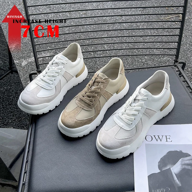 

Elevator Casual Sneakers Man Genuine Leather Mesh Lace-Up Round Toe Platform Shoes 7cm Height Increase Shoes Men Lift Sports