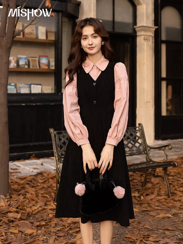 MISHOW Corduroy Strap Dress Autumn Winter French Retro Vneck Sleeveless Mid-Calf Dresses Elegant Solid Blouses MXB43L1246