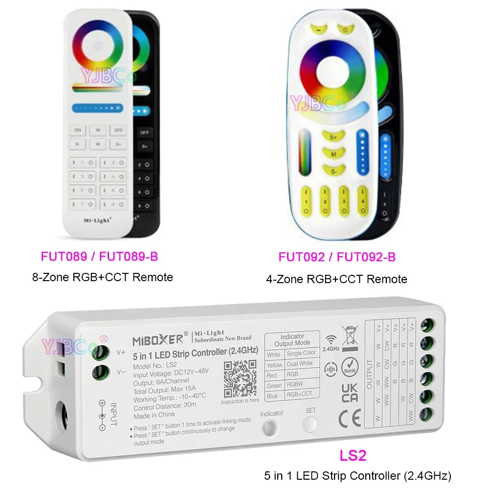 

Miboxer 3V 2.4G RGBCCT 4 Zone wireless RF Remote 8 Zone RGB+CCT Wall switch;12V~48V 24V 15A 2.4GHz 5 in 1 LED Strip Controller