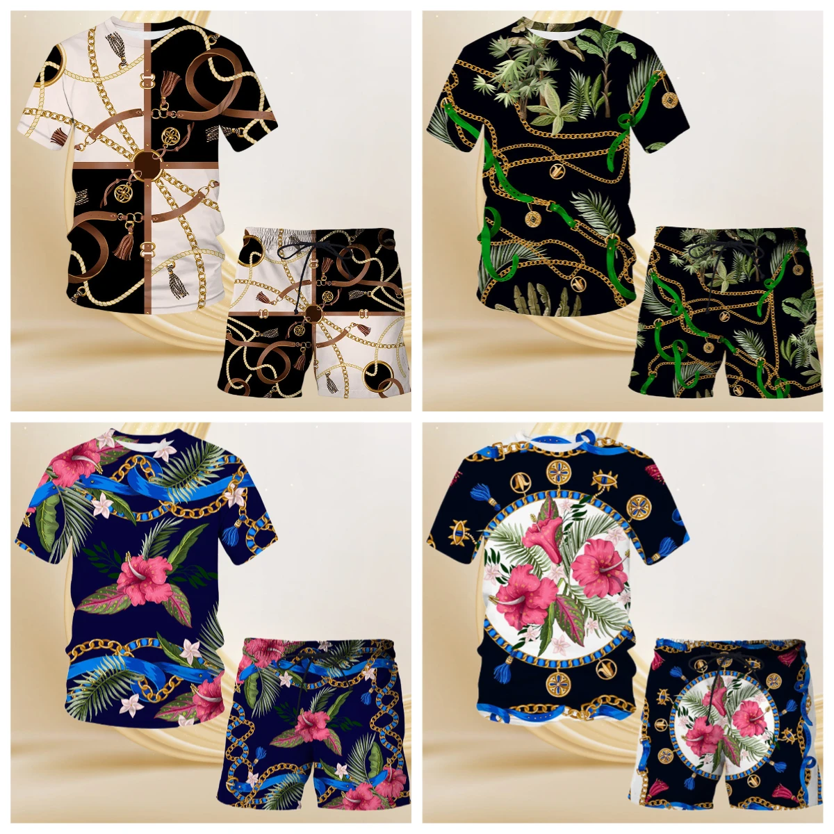 

2025/26 New Vintage Street Clothing 3D Printed Rose Pattern Personalized Loose Breathable Short Sleeve Men's Casual T-Shirt Set