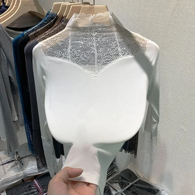Oversized Women Clothing Bottoming Shirt Female Fashionable Patchwork Net Yarn Perspective Half Height Collar Long Sleeve Tshirt