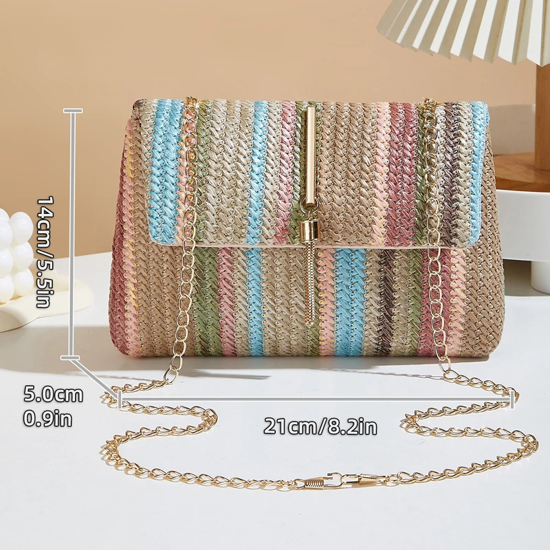 NEW Rainbow Stripe Straw Crossbody Bag for Women Adjustable Shoulder Strap Magnetic Closure Tassel Accent, Fashion Square Purse