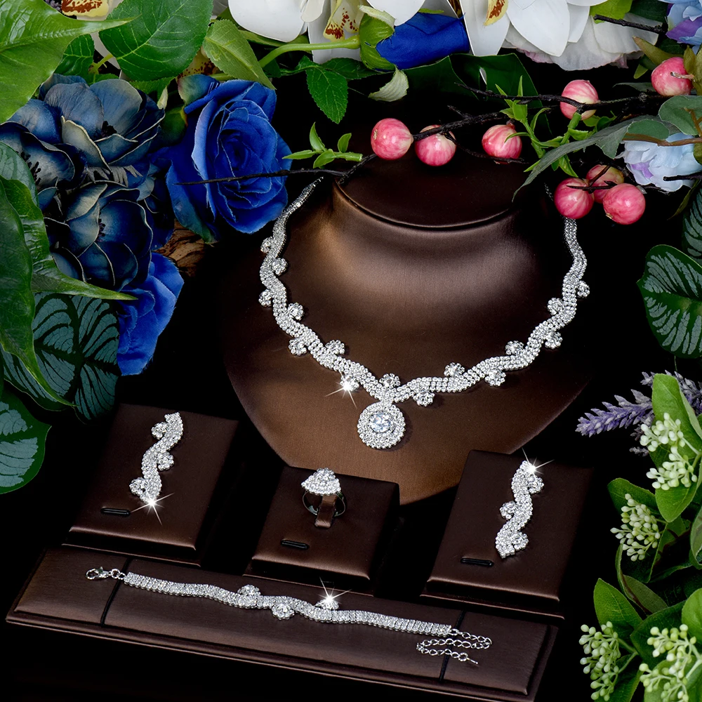 

HIBRIDE New stereo Elegant Necklace Earrings Bracelet Set Women's Light Luxury Decorative Jewelry Bridal Holiday Gift S-1089