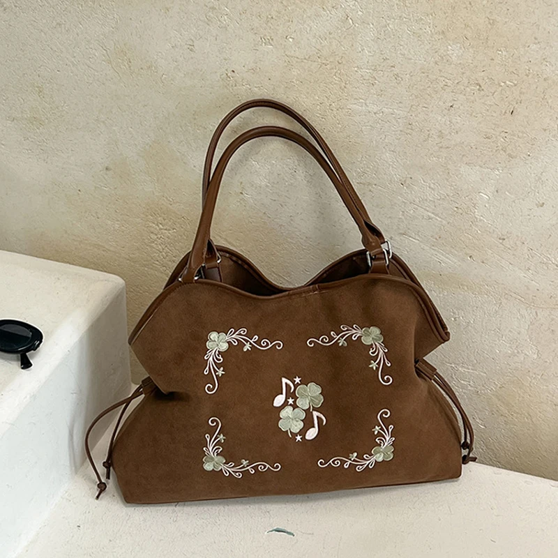 Koreanische Umhängetasche mit Kordelzug, ethnische Blumen- und Musiknoten-Stickerei, große Handtasche für Damen, Vintage-Handtasche für den Winter. – Detail 11