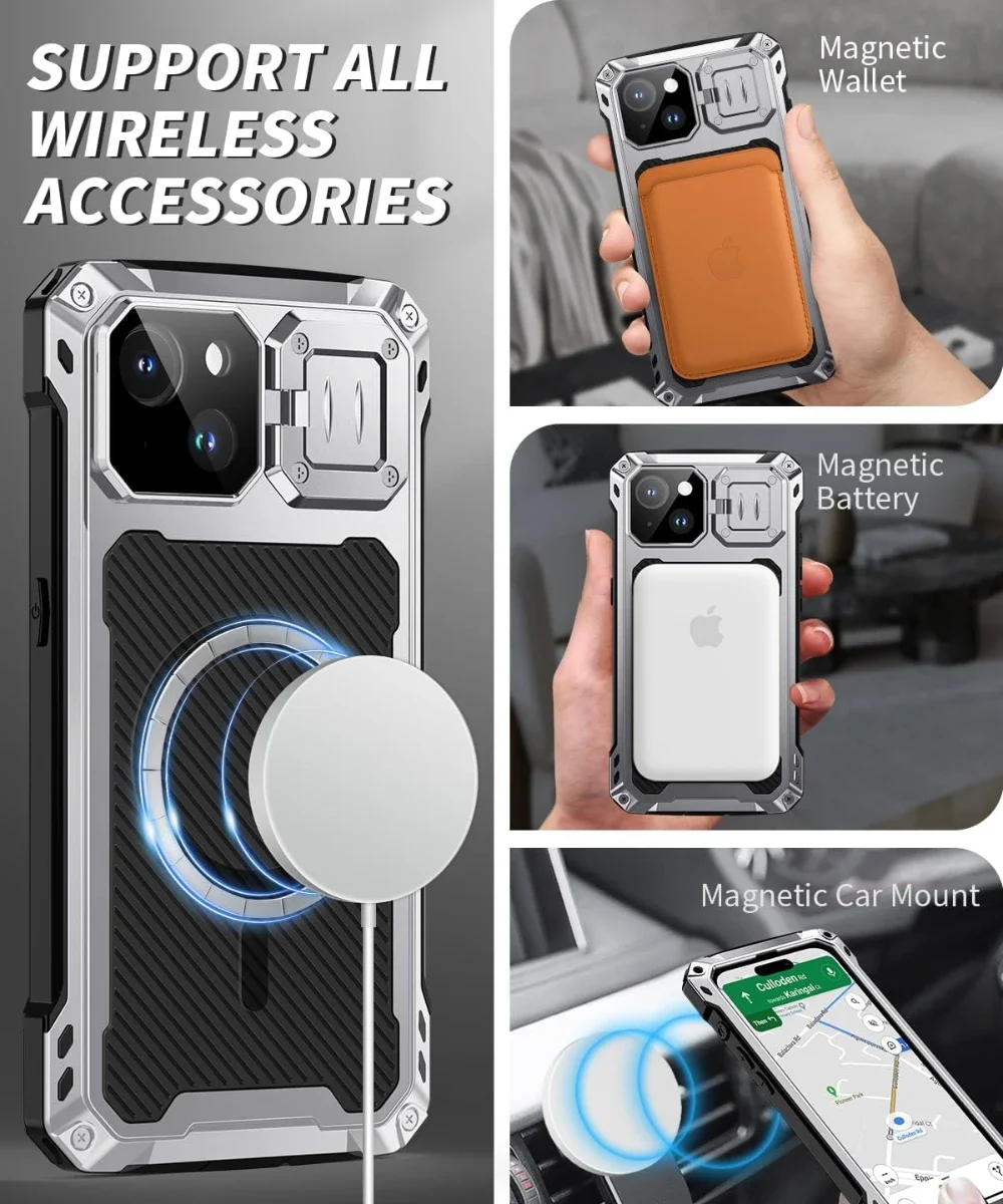 For iPhone 14 Pro Max Heavy Duty Shockproof Metal Magnetic Case With Camera Kickstand Glass Screen Protector Magsafe Charging