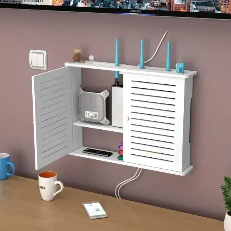 Large Wireless Wifi Router Shelf Storage Boxes Cable Power Wire Plus Bracket Wood-plastic Wall Hanging Plug Board Home Decor