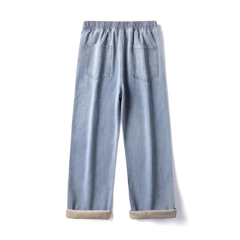 Celana Jeans Pria Musim Dingin Klasik Wol Hangat Longgar Model Kertas Lebar Modis Berbahan Fleece Tebal Beludru Pinggang Elastis