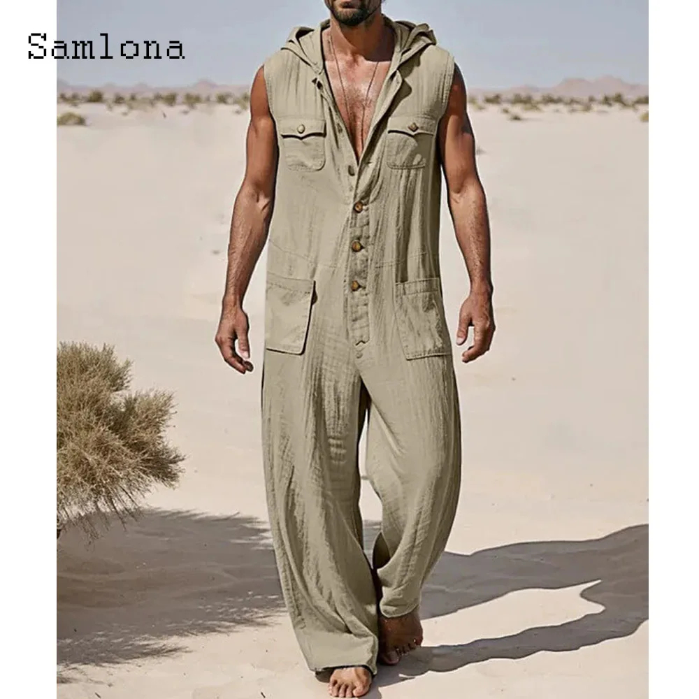 

Men Stand Pockets Cotton Wide Leg Pants Overalls 2024 America Europe Style Casual Retro Jumpsuits Plus Size Mens Baggy Bodysuits