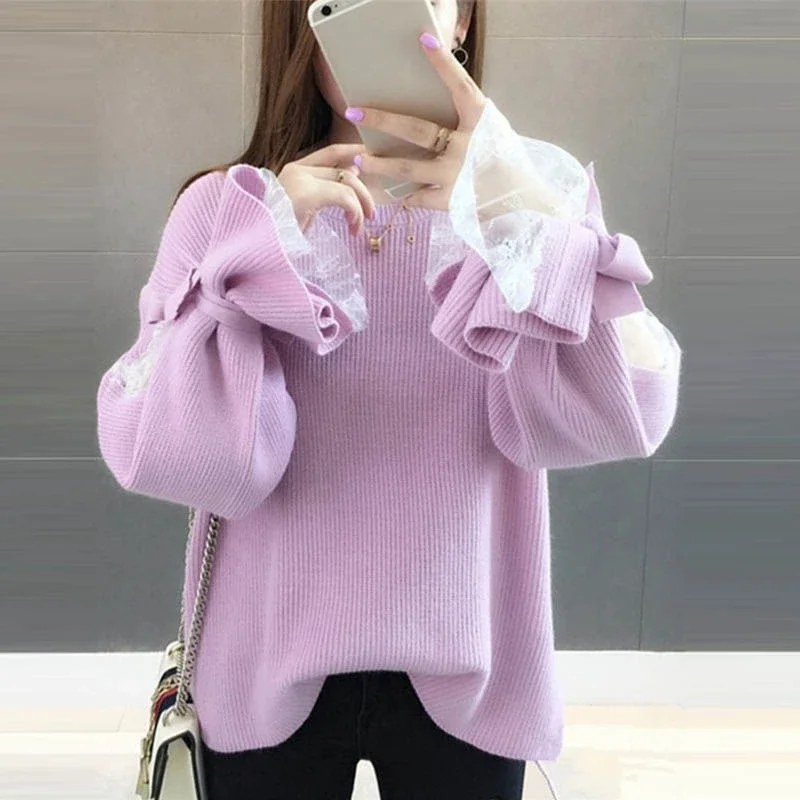 DAYIFUN-Lantern Sleeve,Women's Knitted Sweater,Lace Solid Color Long Sleeved Lady's Tops,Bow Cuff Decorative Pullover Sweaters