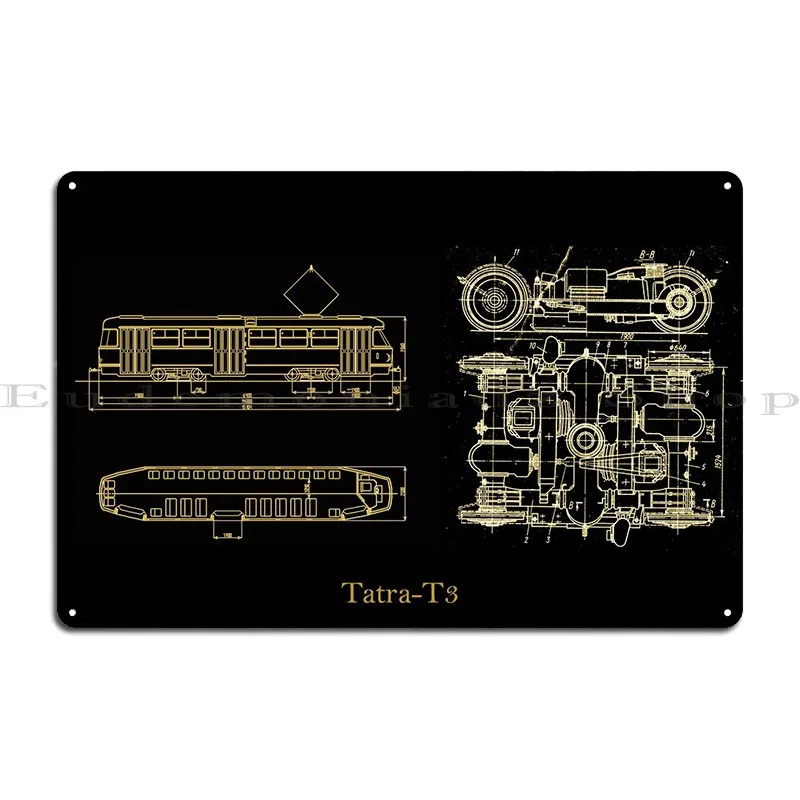 Tatra T3 Blueprint Gold Metal Sign Plaques Kitchen Club Club Customize Vintage Tin Sign Poster