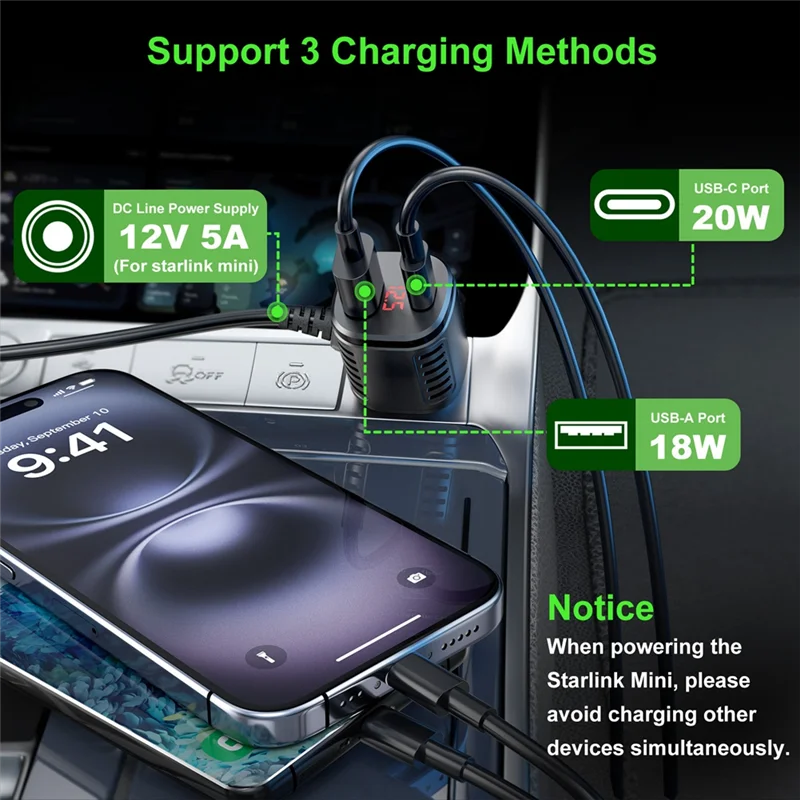 A24U Multi Functional For Starlink Mini Digital 3-In-1 Car Charging Adapter 5M For DC Power Cord 2025 New