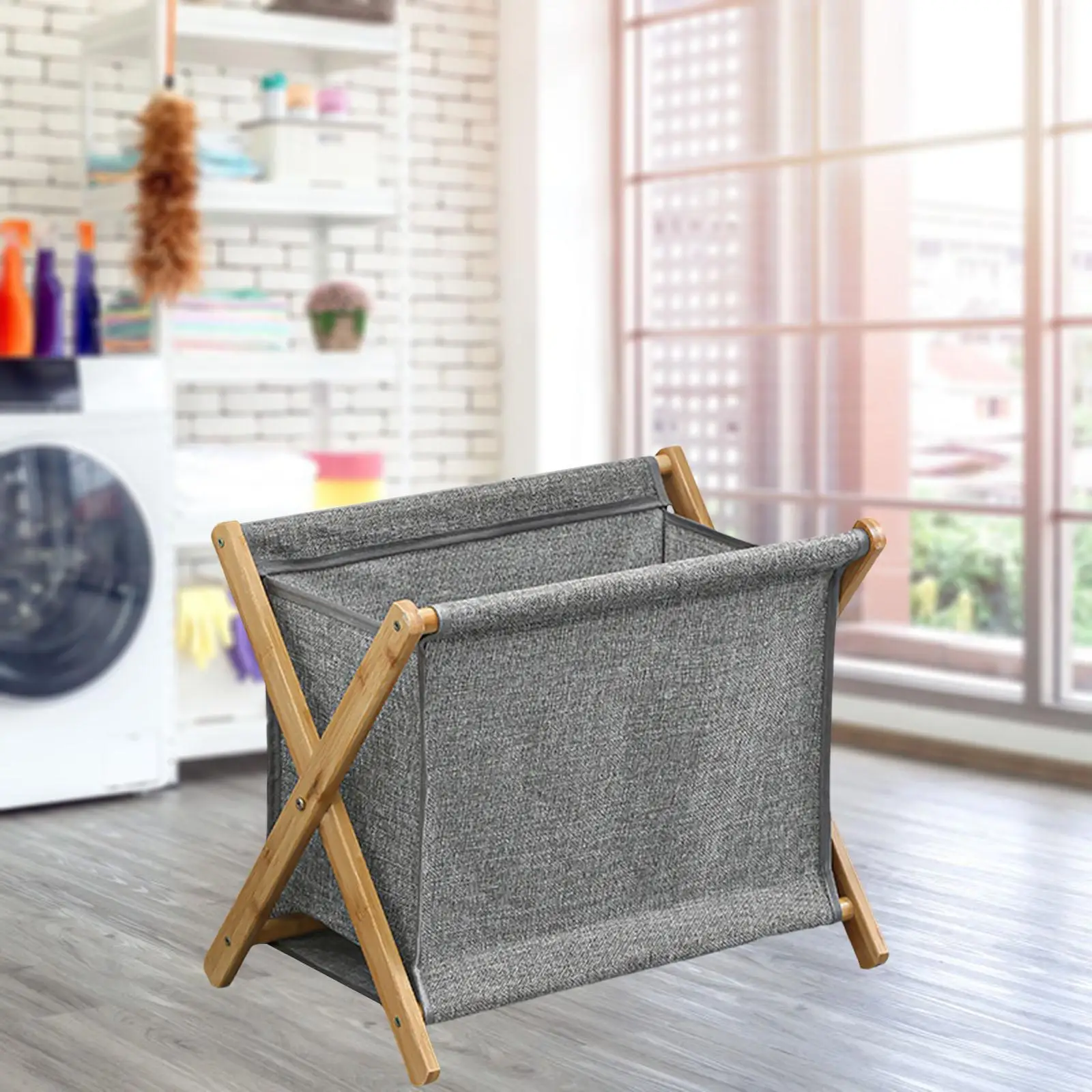 Collapsible Laundry Hamper Bamboo Frame Foldable Storage Basket Dirty Clothes Organizer with Open Top for Laundry Room