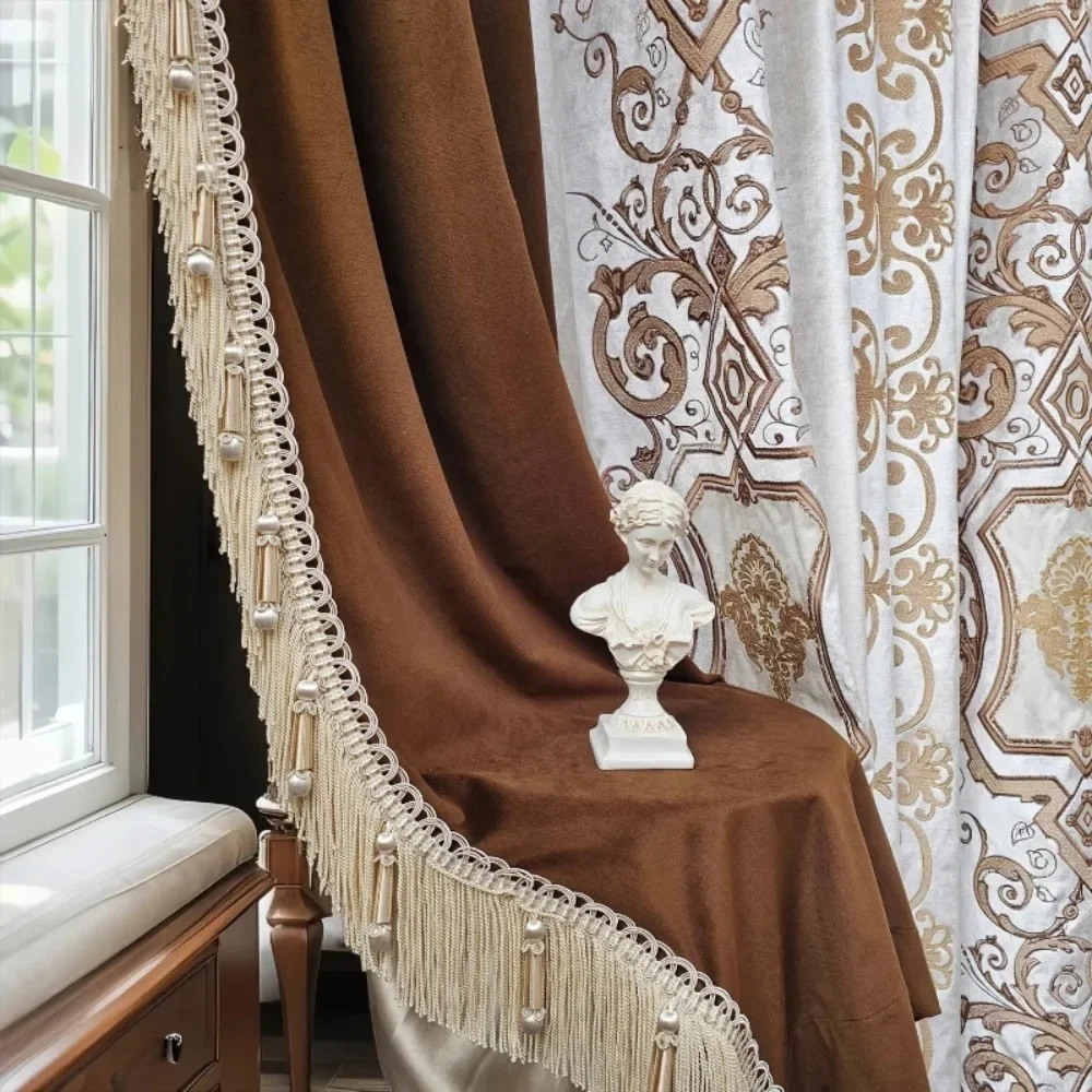 Luxury Cut Velvet Embroidered Villa High Window Thermal Insulated Drapes Custom Tulle Curtains for Living Room Bedroom