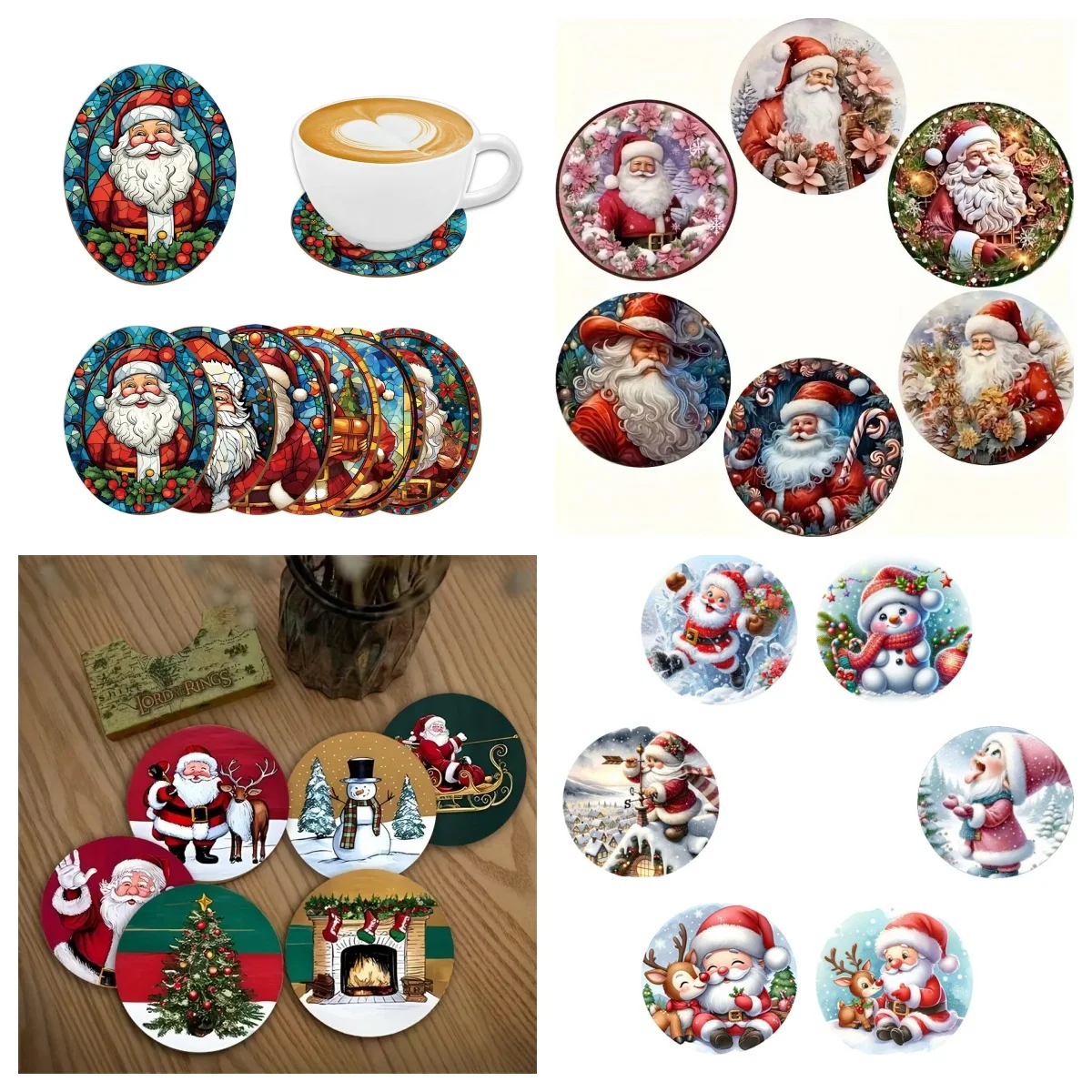 6Santa Claus printed MATS, suitable for daily family gathering decoration, offices, anti-slip wooden coasters, and holiday gifts
