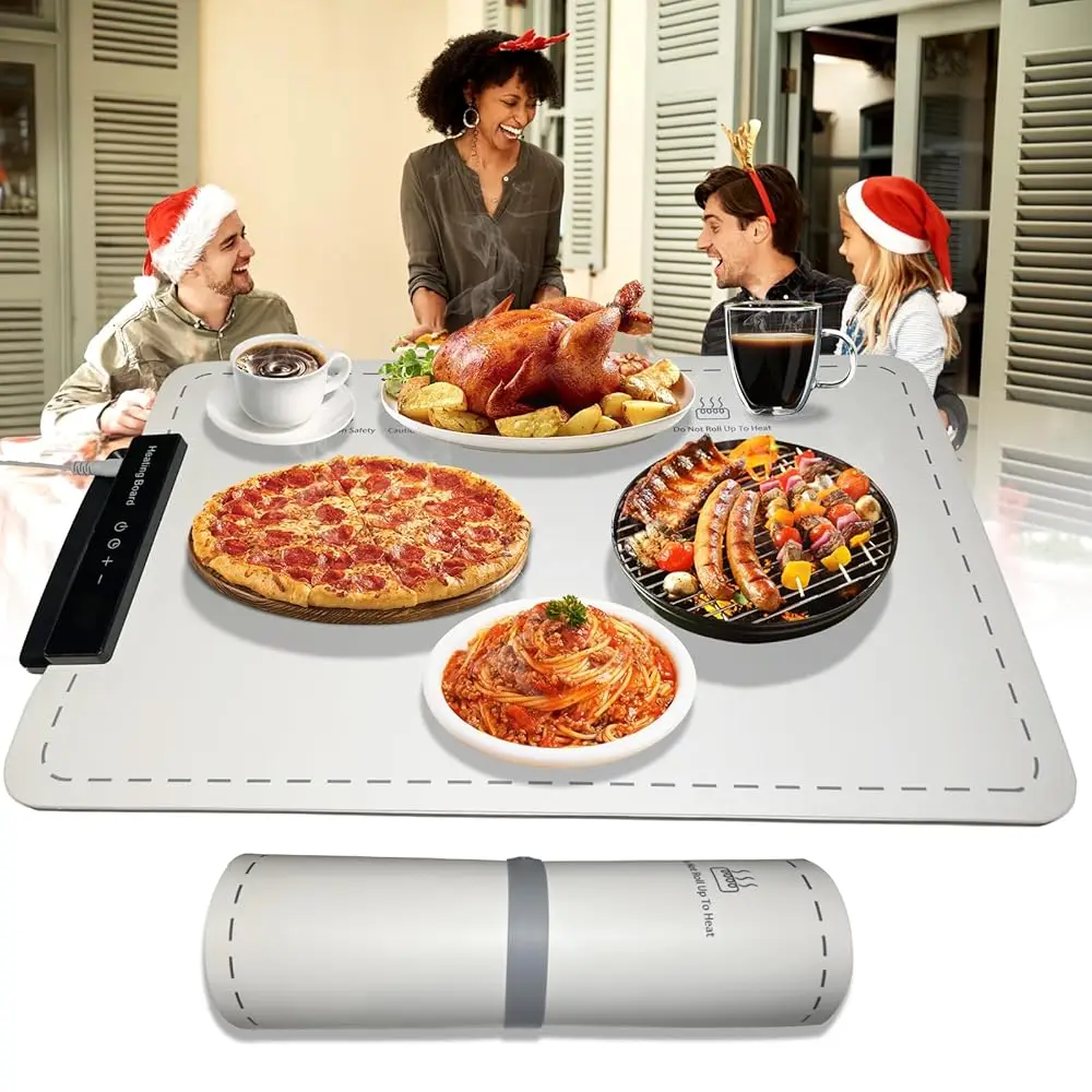 

Electric Warming Mat For Food Adjustable Temperature Buffet Warmer With Timer, 7 Heat Settings, 12-Hour Auto-Off, Roll-Up