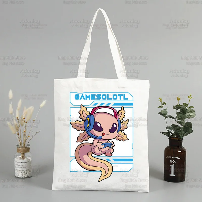 Sacola de lona dos desenhos animados para mulheres, bolsas fofas com estampa animal, bolsa de ombro Harajuku, Kawaii, Axolotl Ulzzang