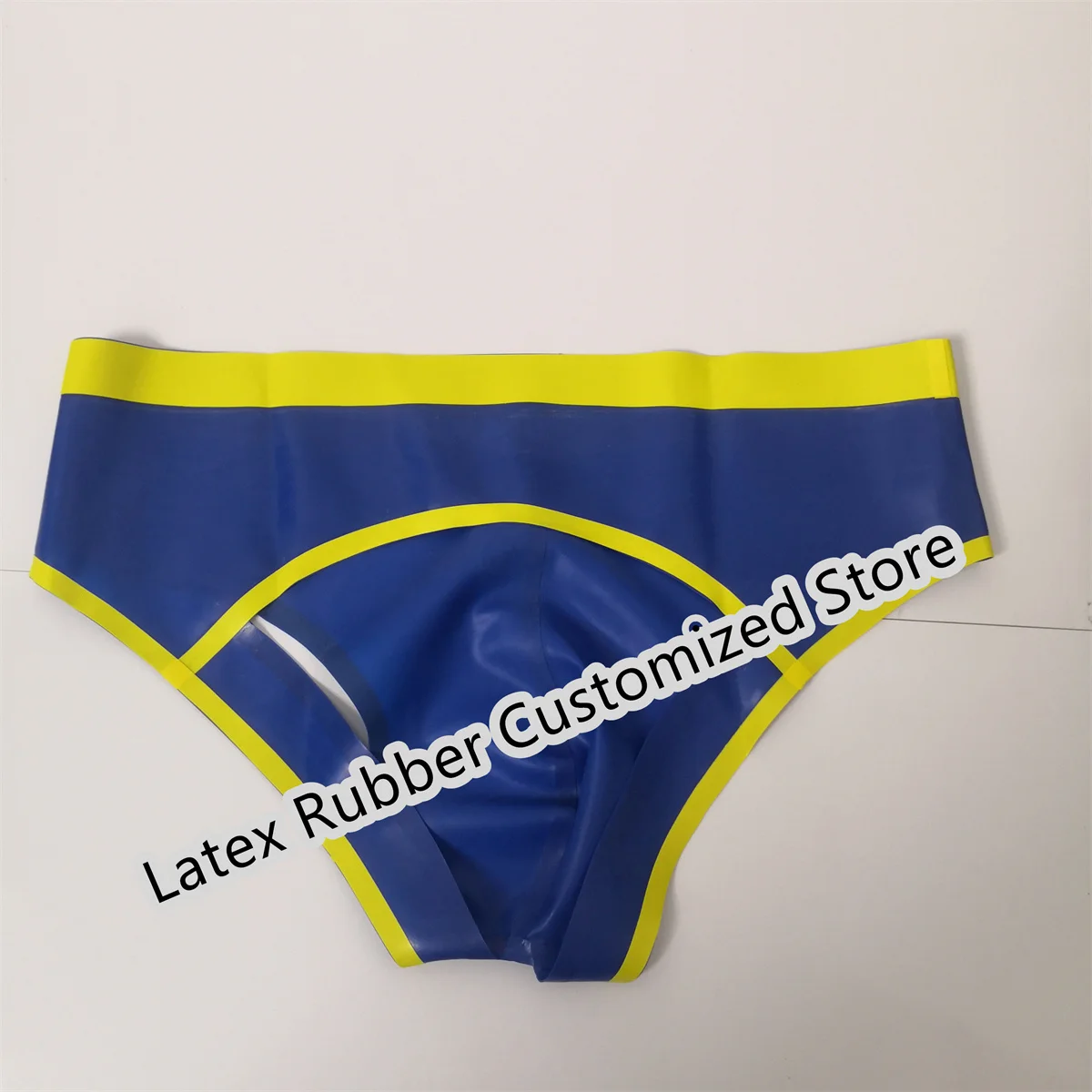 Handmade Sexy Latex Briefs Hip Open Panties Blue with Yellow Male Underwear Rubber Mens Fetish Shorts