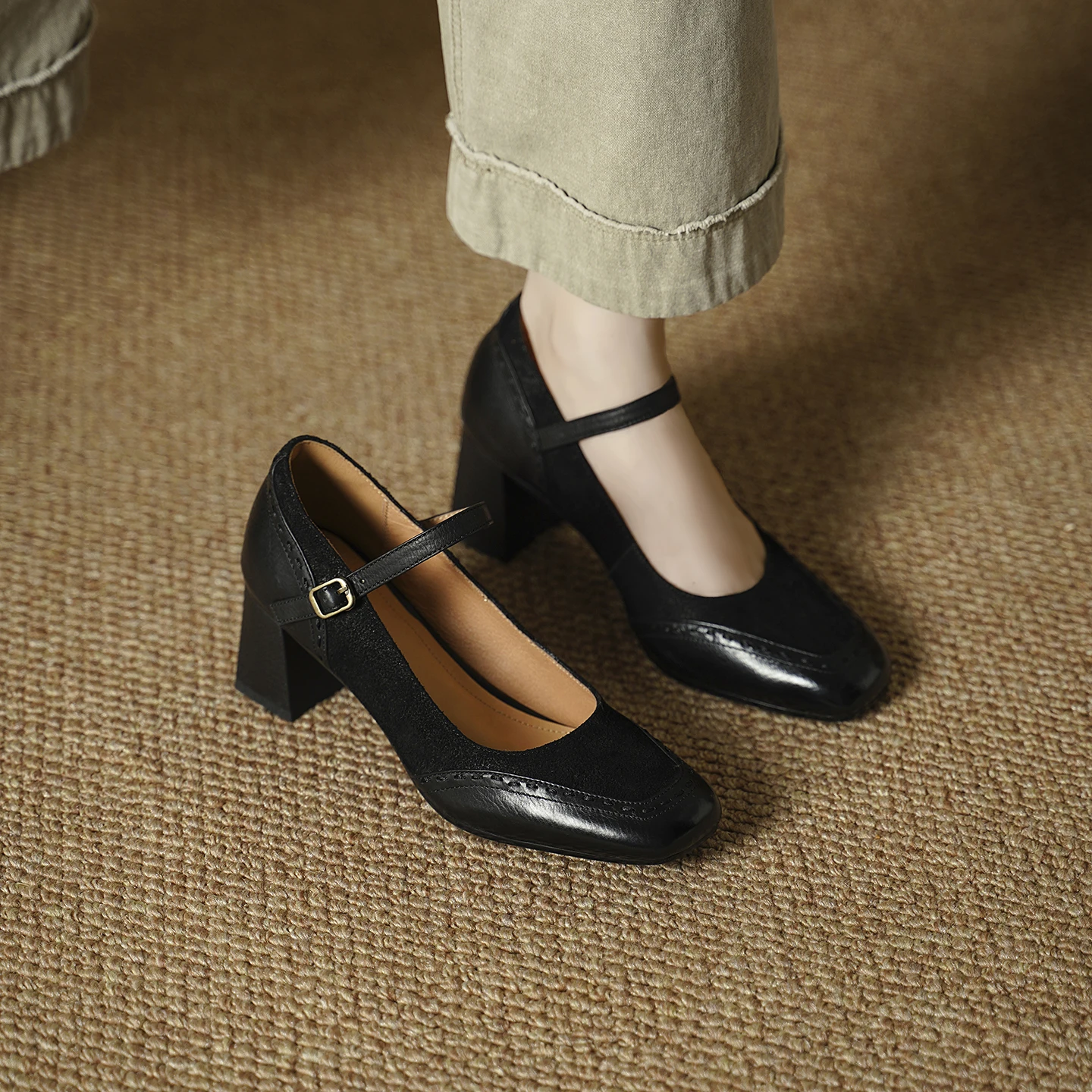 2026 new spring autumn women pumps natural leather 22-25cm cowhide+cow suede+pigskin buckle mary janes high heel women shoes
