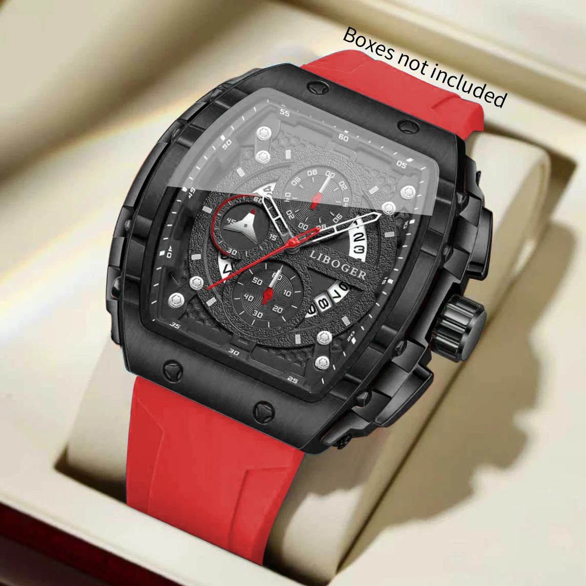 Fashion Tonneau Men Sport Watch Casual Silicone Strap Military Outdoor Analog Wristwatch For Men Calendar Watches（Without Box）