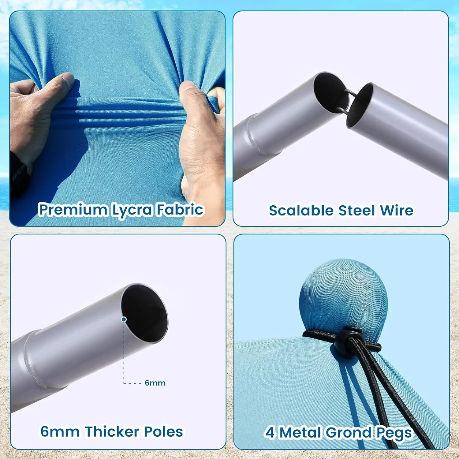 خيمة شاطئ مقاس 10 × 10 UV50+ مع أكياس رمل وأعمدة وحصوات وحبال رياح للحماية الخارجية