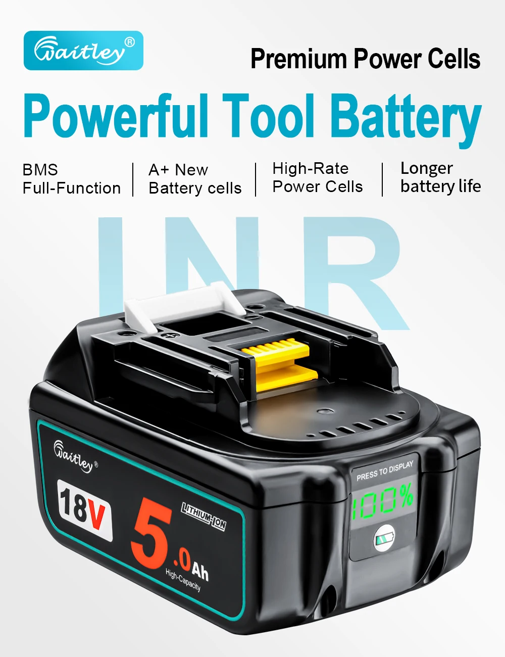 Waitley BL1850 18 V 5,0 Ah Ersatzakku für Makita Elektrowerkzeug 5000 mAh BL1840 BL1860 Akku mit LED-Leistungsanzeige 18 V 5 A – Detail 3