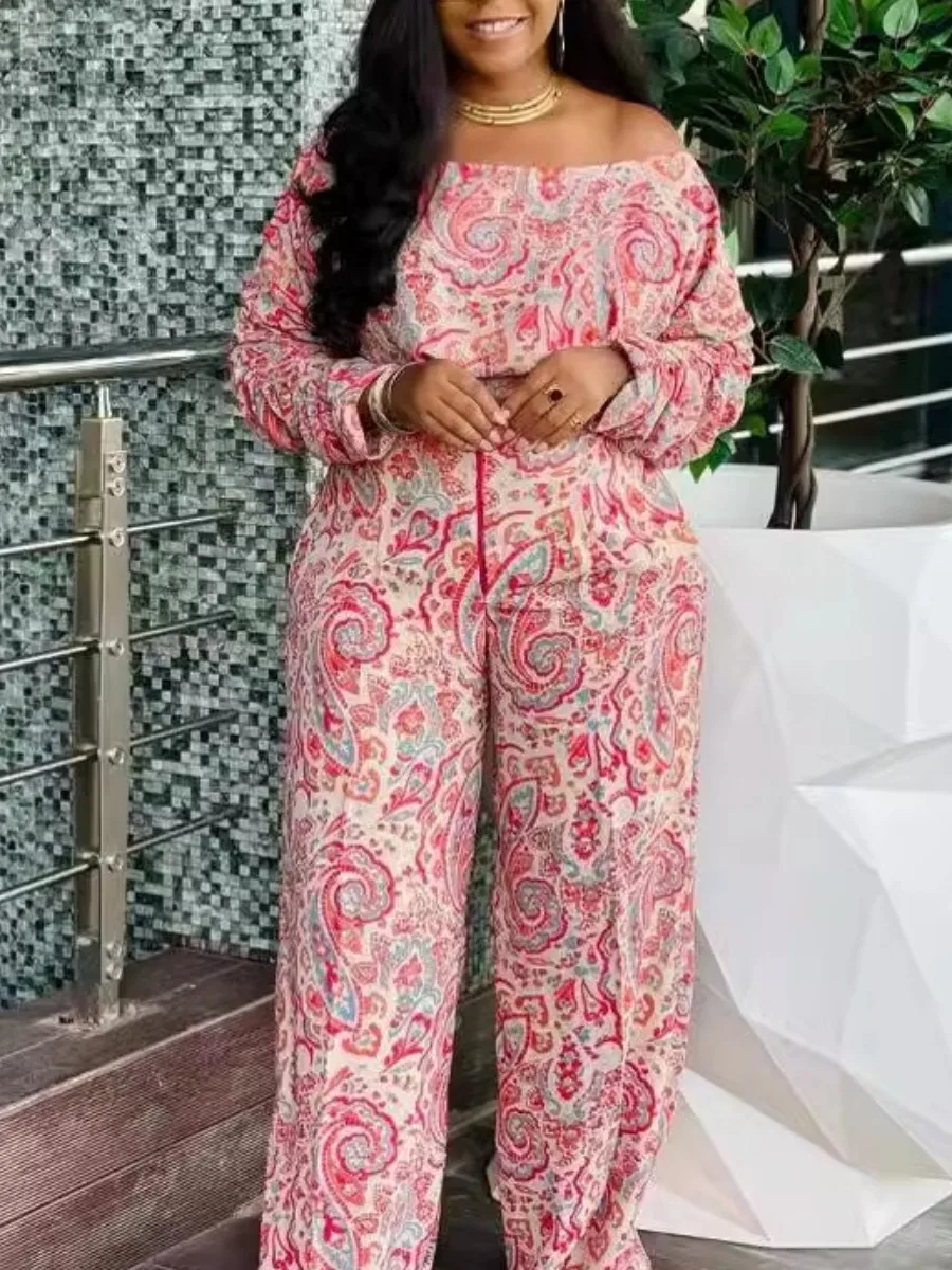 LW Casual Off The Shoulder Mixed Print Wide Leg Pants Set Women Long Sleeve Pattern Wide Pants  Two Pieces Outfit for Vacation