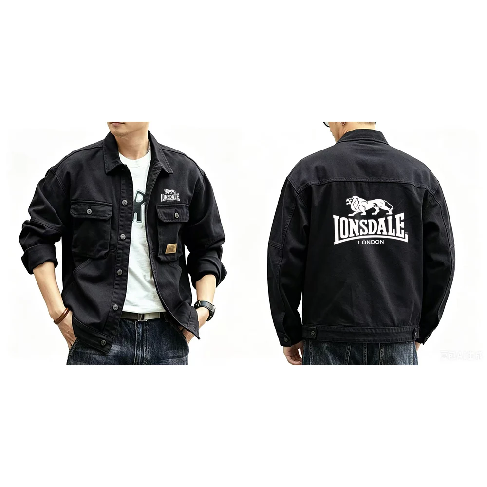 Men's LONSDALE casual jacket, loose fit, workwear style, American retro, spring and autumn, denim shirt high neck long sleeves w