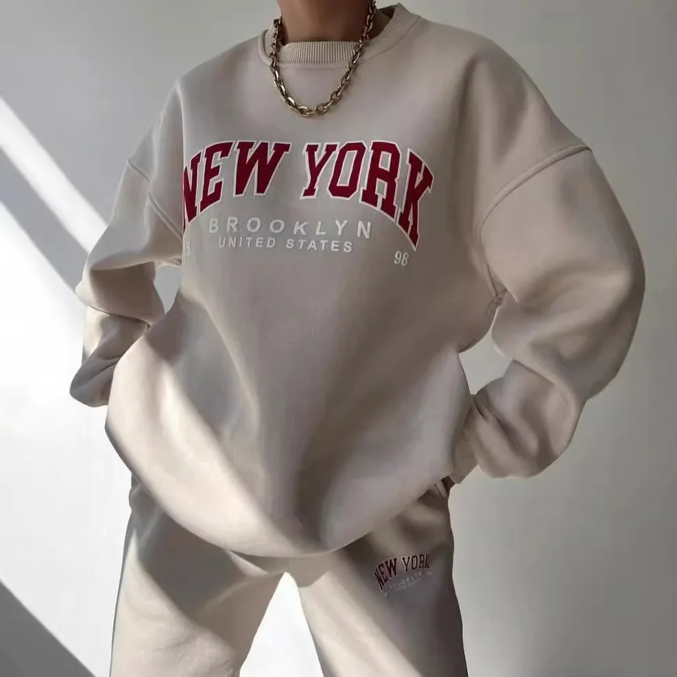 

Европейская и американская женская одежда, повседневный модный утолщенный комплект с принтом, флисовый свитер, комплект брюк с длинными рукавами