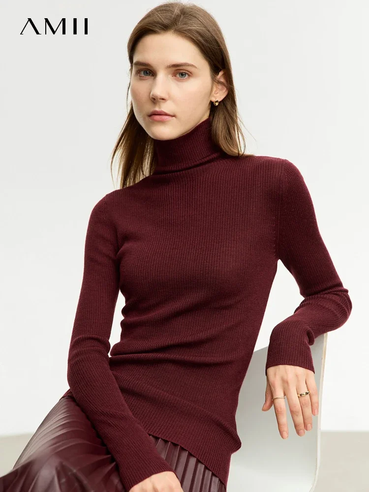 AMII maglione minimalista per le donne 2023 inverno nuovo semplice slim fit dolcevita elastico alto caldo solido pullover femminile 12323075