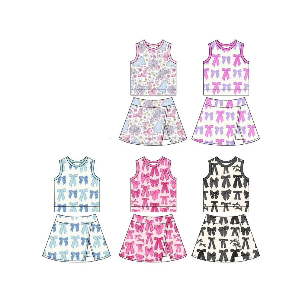 

New Summer Cartoon Bow Print Boutique Children's Set Sports Style Printed Round Neck Sleeveless Short Skirt Girls Suit Milk Silk