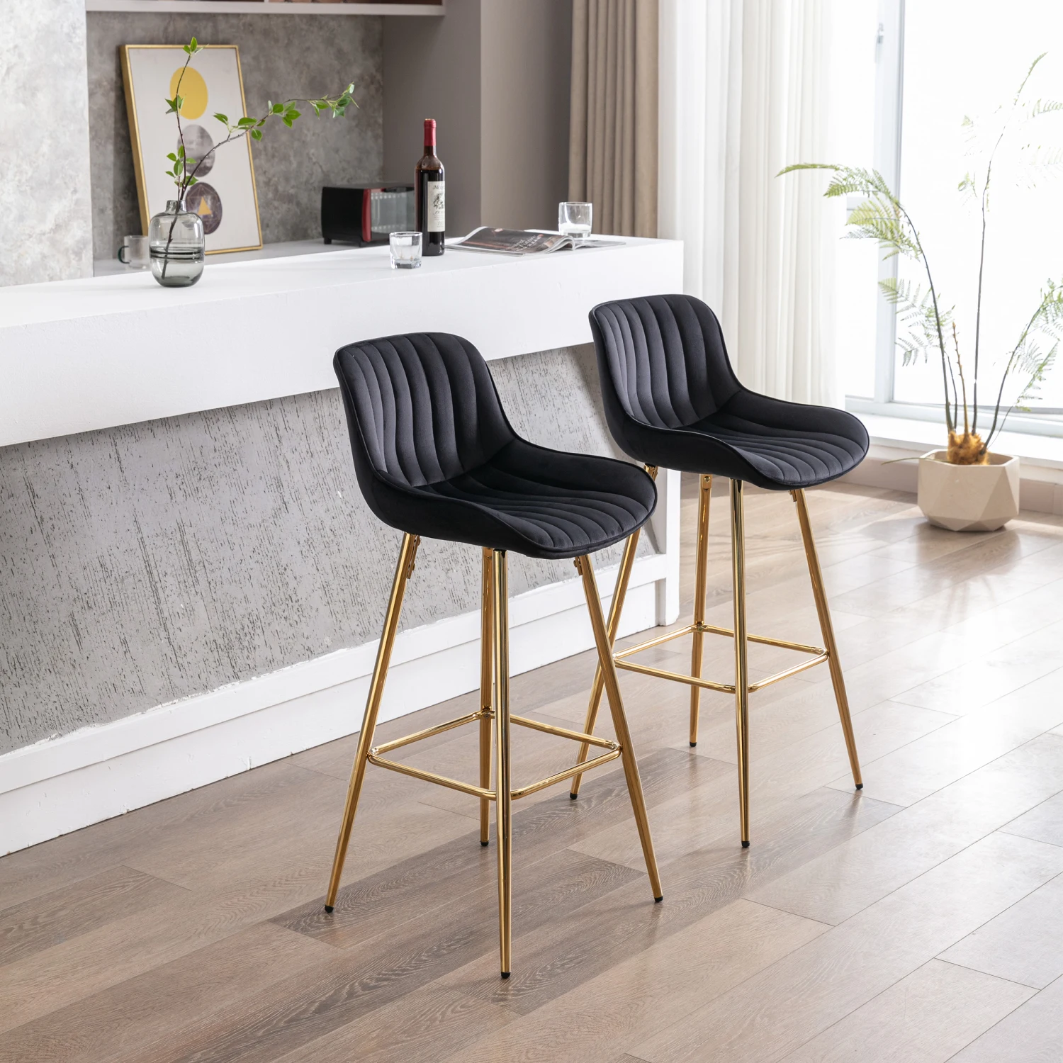 Ensemble de 2 tabourets de bar avec repose-pieds chromés, tabouret de comptoir en tissu velours, pied doré, tabouret de bar haut simple, noir, 30 po