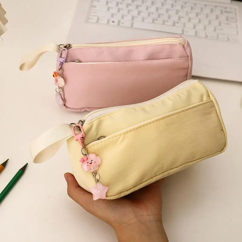 Handheld Portable Solid Color Pen Bag 1Pcs Large Capacity Pencil Case for College Student Stationery Organizer