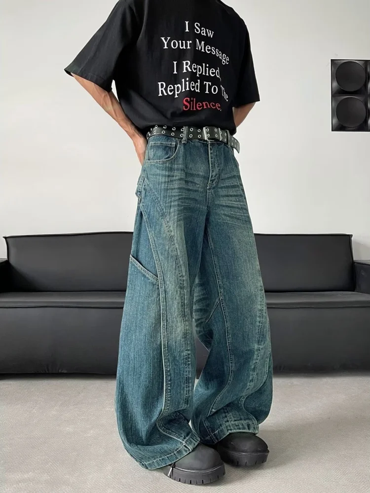 2025 Trashy Y2K Mode gewaschen blau gespleißt Baggy neue Jeans Hosen für Männer 90er Jahre Vintage Kleidung weites Bein gerade Denim Hose – Detail 9