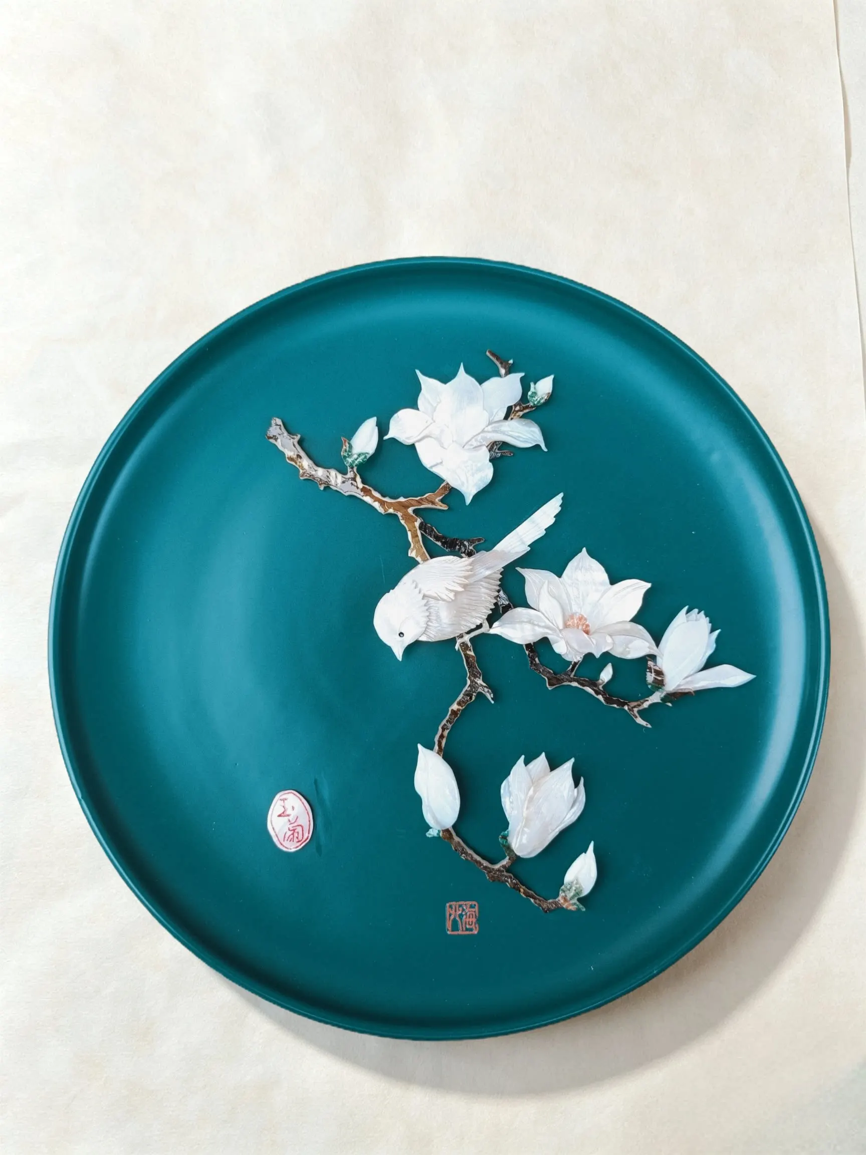 Magnolia & Bird Shell‑Carved Ornament, Handmade Blessing Gift, Chinese Style Home Desktop Decor