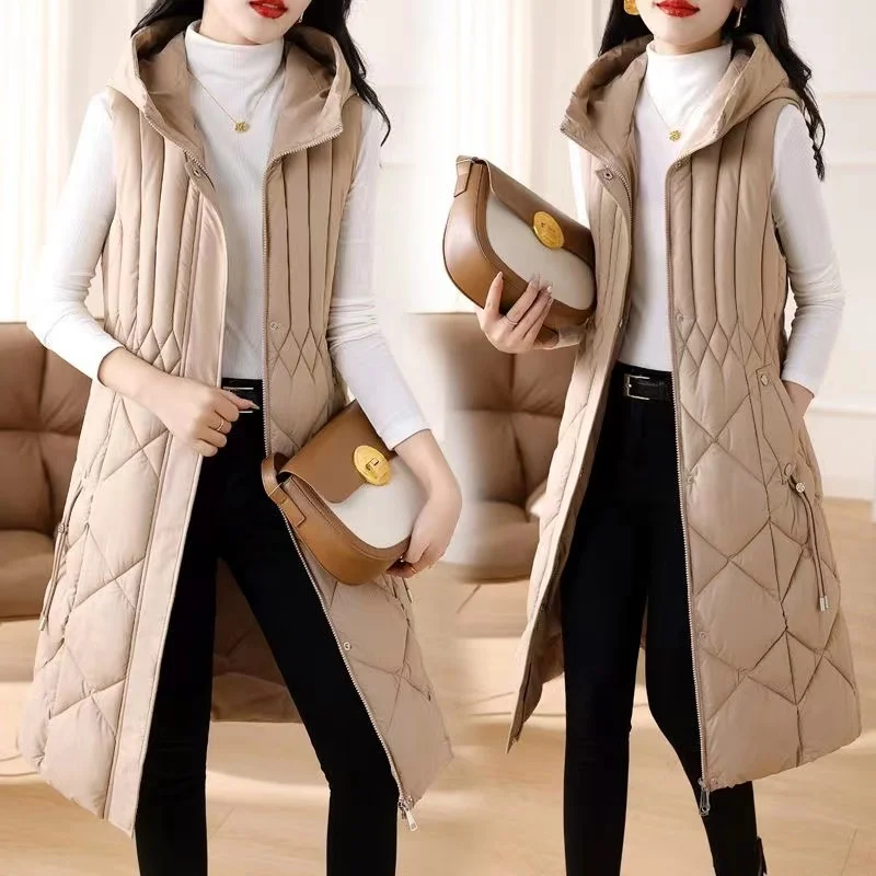 2024 neue Winter Frauen Weste Baumwolle Mantel Harajuku Kapuze langen Mantel warme Mantel Westen ärmellose Jacke weibliche Outwear Streetwear