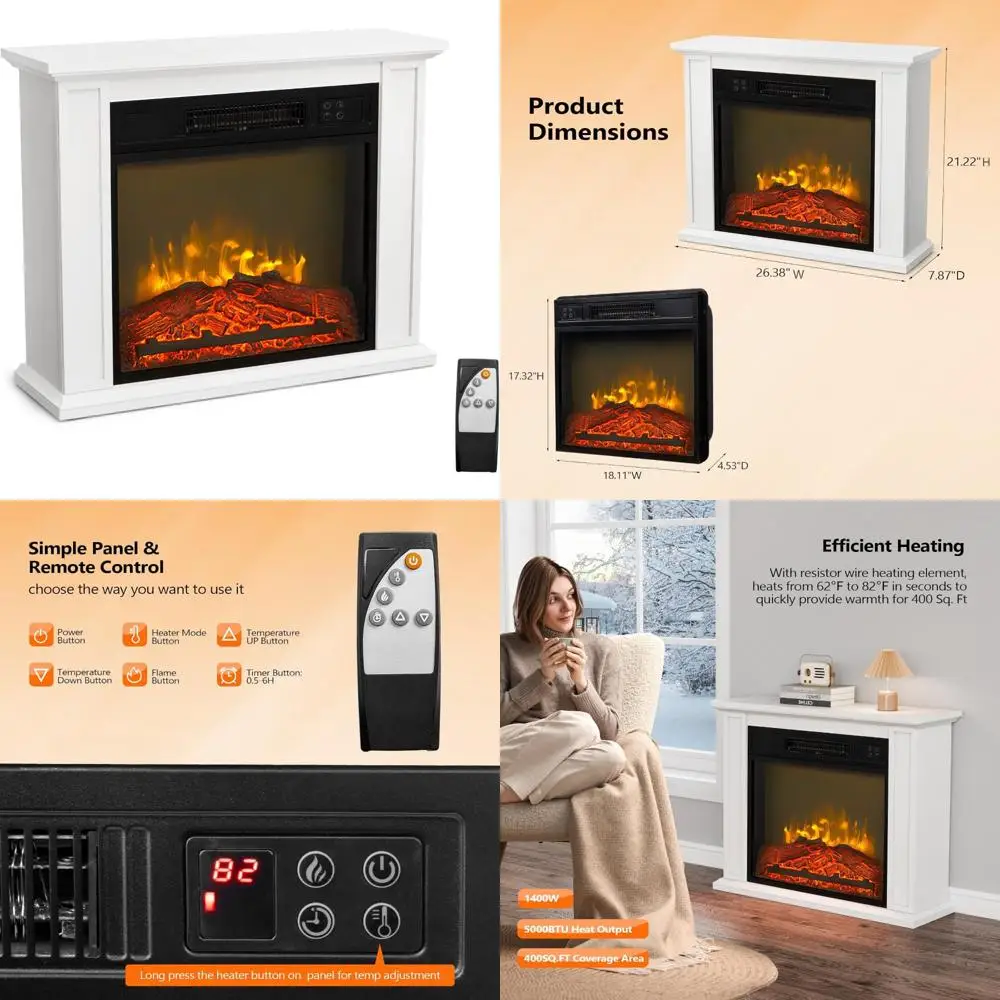 27 Inch Electric Fireplace Freestanding Heater with Remote, Timer, 6 Flame Effects, Adjustable Temperature, Realistic Mantel Sty