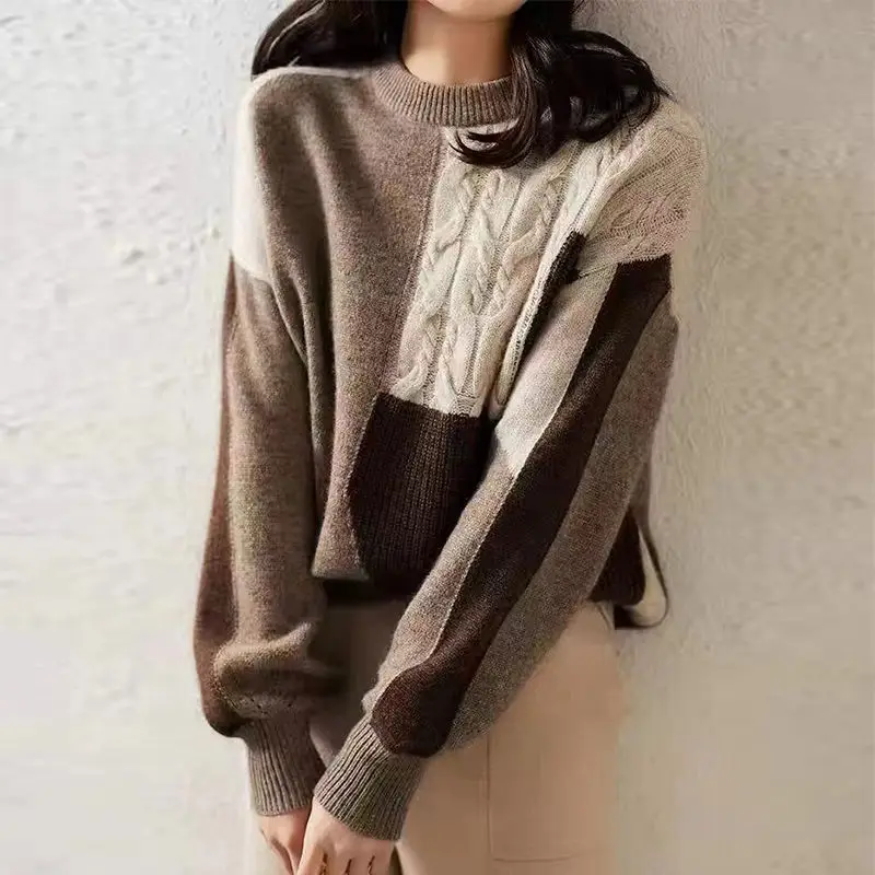 Sweaters Round Neck Patchwork Loose Solid Women\'s Clothing Autumn Winter Thin Fashionable Temperament Pullovers Knitted Casual