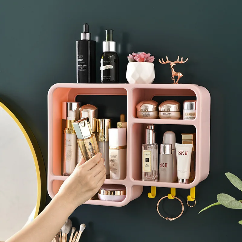 Wall-mounted Cosmetic Storage Box Free Punching Dust-proof Bathroom Wall Rack Makeup Organizer Lipstick Skincare Containers