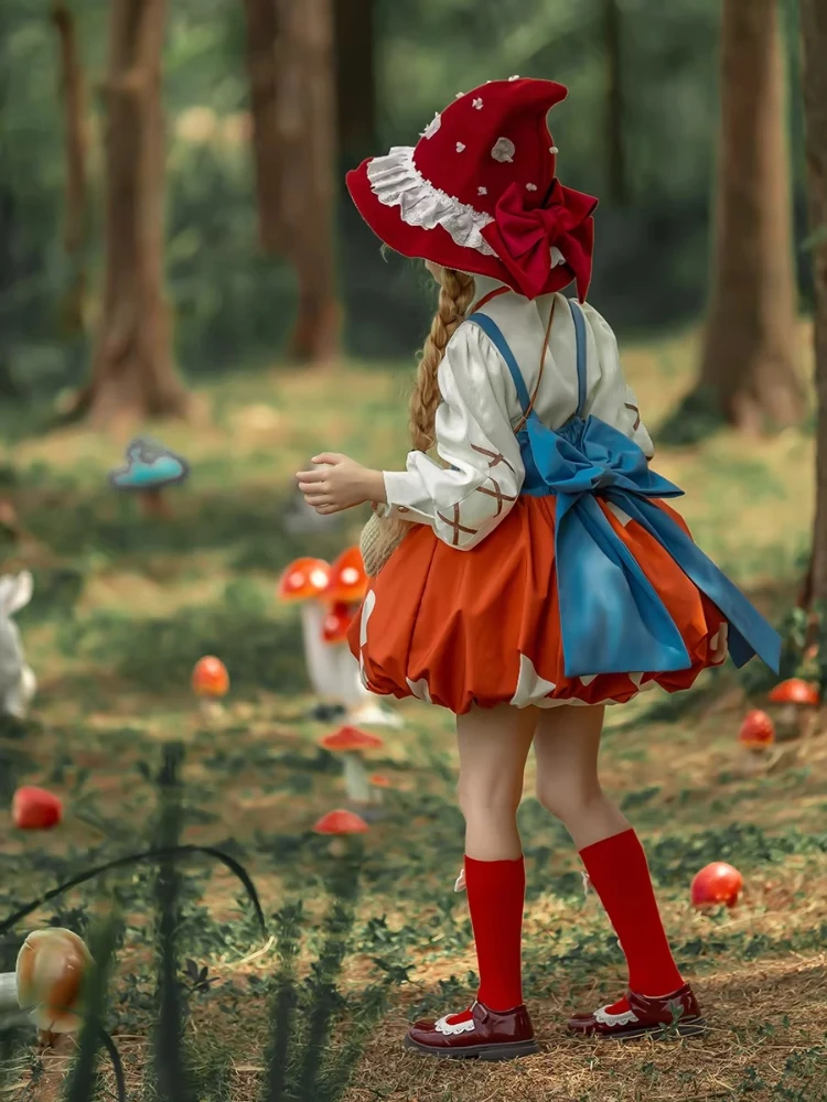 Handmade Princess Wedding Party Dress for Flower Girls Children Little Red Riding Hood Mushroom Lolita Style Show Costume