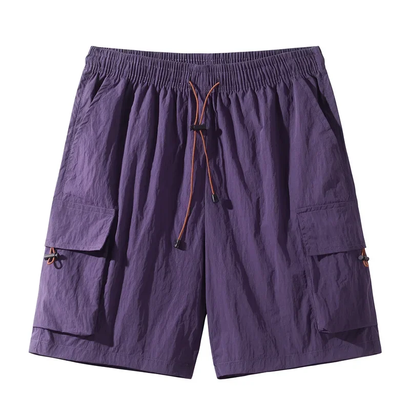 Ice Silk Cargo Shorts Summer New Fashion Men's Outdoor Sports Solid Color Casual Trendy Loose Quick Drying Knee Length Shorts