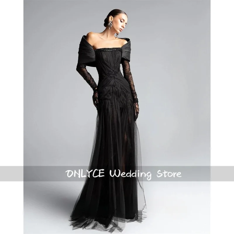 Vestido de noite de tule preto moderno personalizado fora do ombro mangas compridas vestido de baile requintado ocasião especial