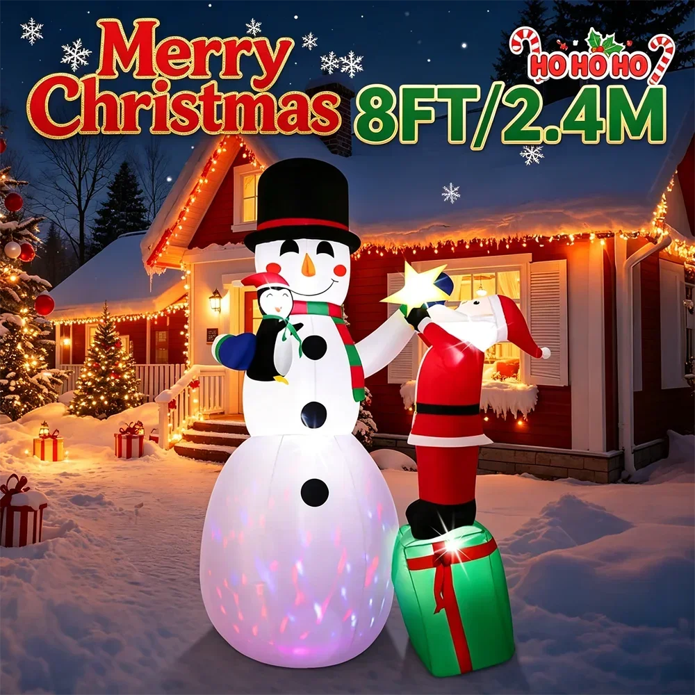 8FT Christmas Blow Up Yard DIY Decorations Inflatable Santa with Giant Snowman and Penguin Festive Xmas Outdoor Party Decor