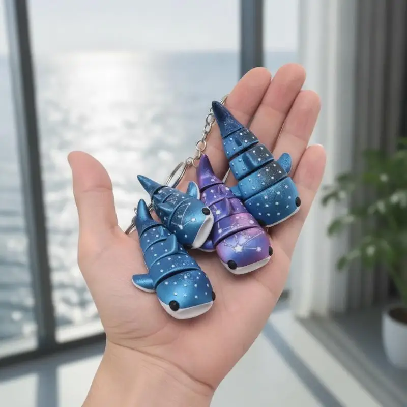 3D Printed Galaxy Gradient Marine Animal Keychain Movable Shark Pendant for Car Key Accessory