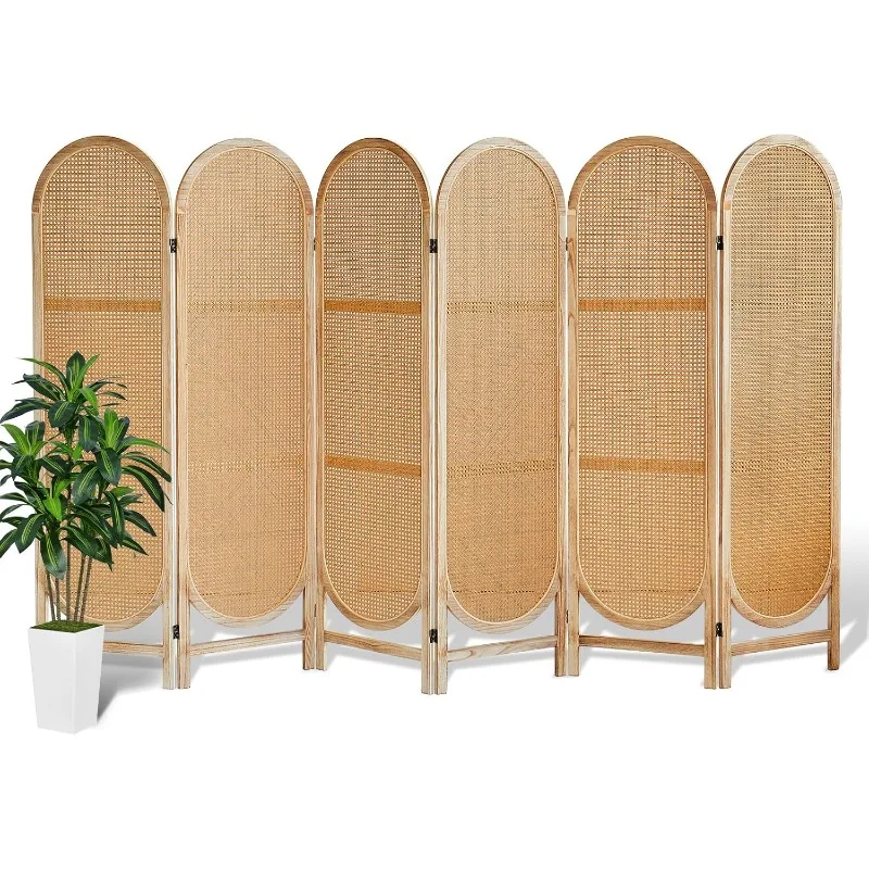 6 Panels Room Divider, Foldable Wooden Room Divider, Individual Privacy Screen Made of Hand-Woven Rattan, Portable Wall Divider