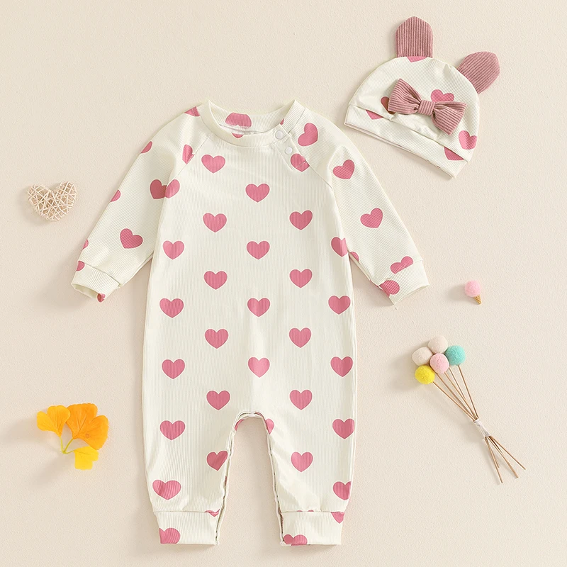 

Cute Baby Girl Fall Spring Jumpsuits Heart Print Long Sleeve Round Neck Romper 3D Bow Ear Hat Adorable 2Piece Outfits