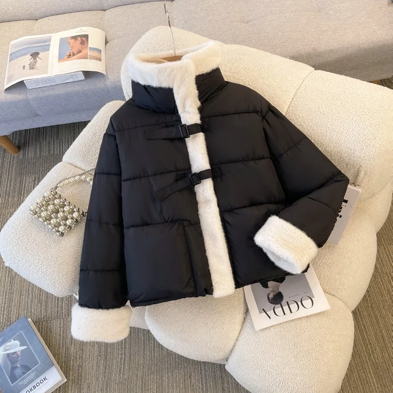 

Women's Winter Tops Jacket Cotton Coat Splicing Short Warm Thickened Vintage Simple Leisure Designed Soft Niche Versatile Skinny