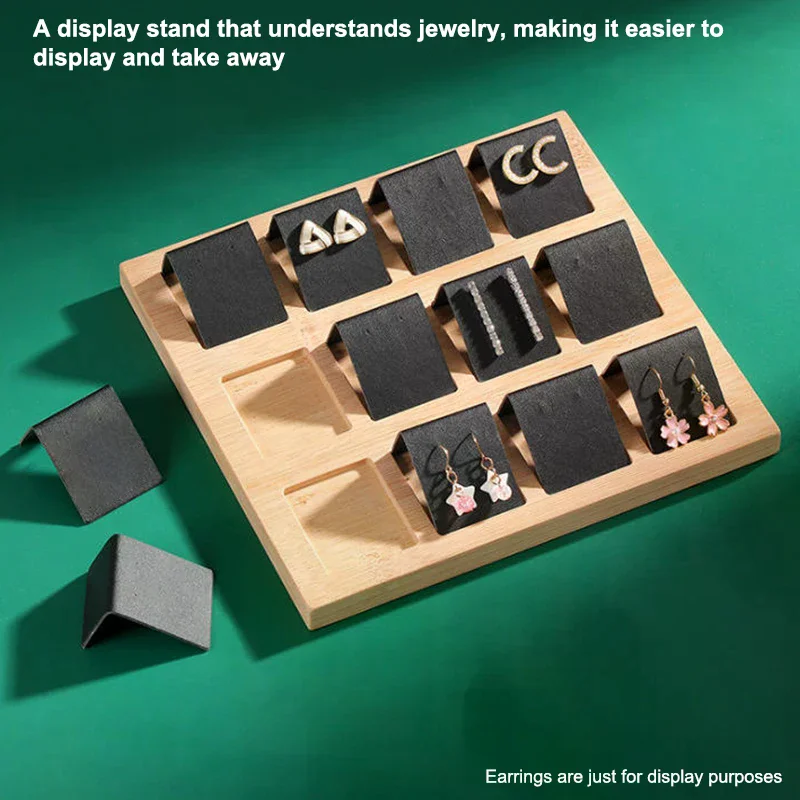 

Bamboo Wood Earrings Display Stand Rack DIY Velvet PU Leather Jewelry Storage Tray Ear Stud Holder For Window Counter Props Show