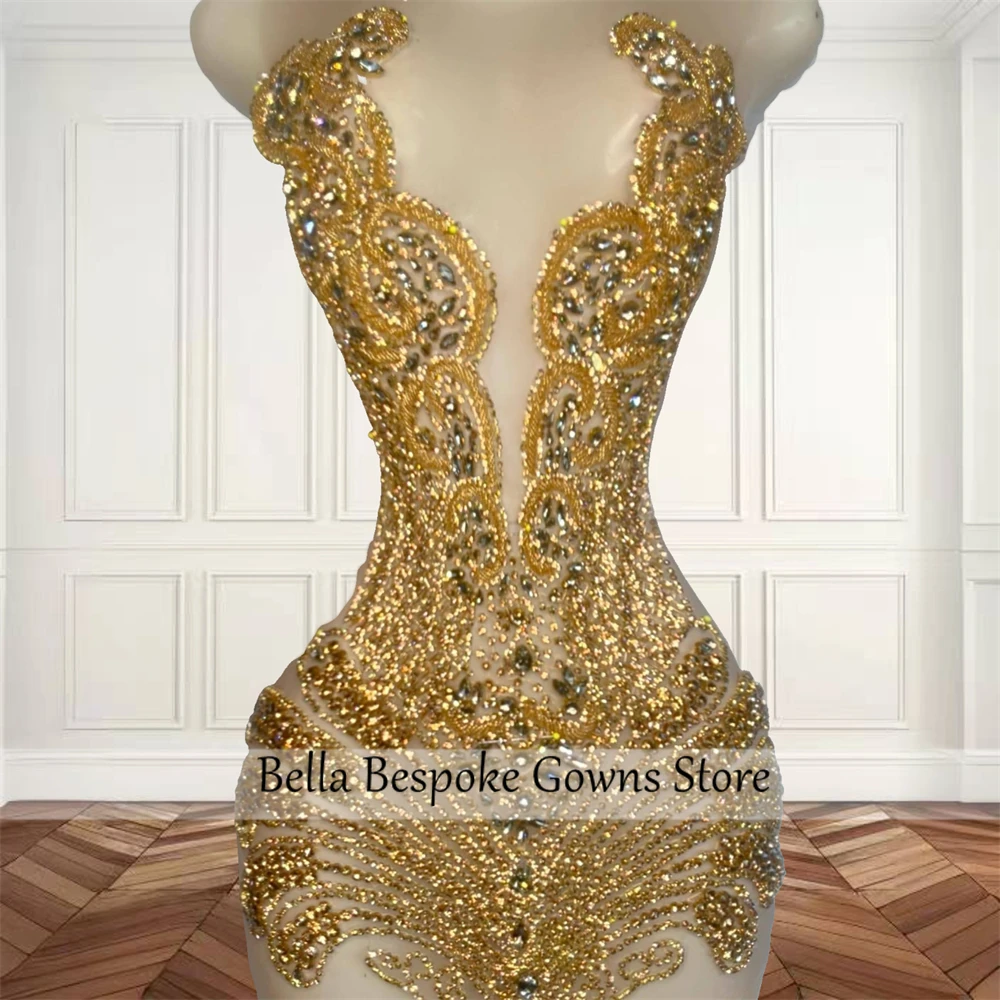 Gold Short Prom Dresses For Black Girls Bead Crystal Rhinestone 2024 Birthday Luxury Dress Celebrity Dress Homecoming Customized