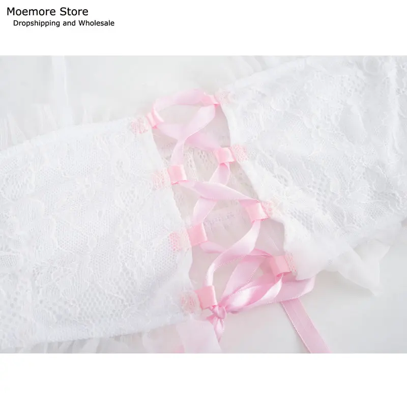 Kawaii Sexy Lingerie Set Ribbon Lace up Hollow Out Bandage Chiffon Semi Transparent Night Wear Clothes Cosplay Costumes Uniform